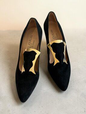 CHARLES JOURDAN Vintage Black Gold Suede Heels Size 6.5 NEW NWOB